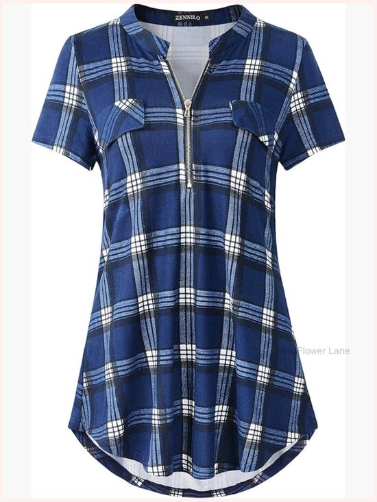 Tops - Women's Zip V Neck Plaid Short Sleeve Tunic Top Blouse